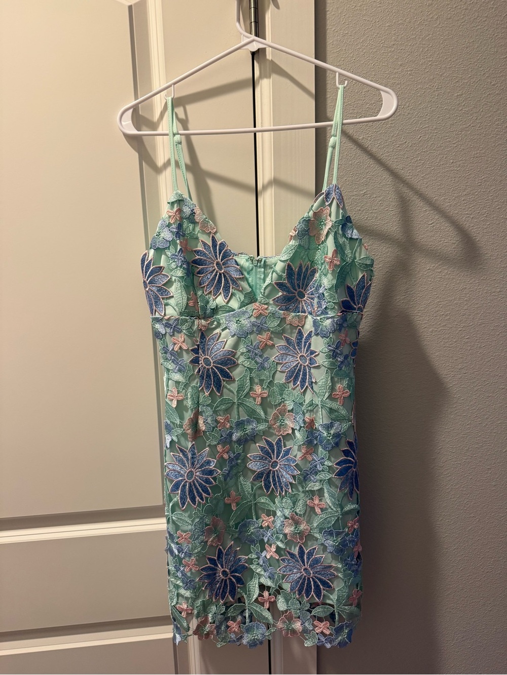 Mint Lace Slip Dress with Blue & Pink Floral Embroidery 🌺